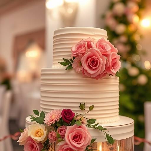 Detalhe de um bolo de casamento decorado com flores em uma recep√§√£o em Belo Horizonte.
