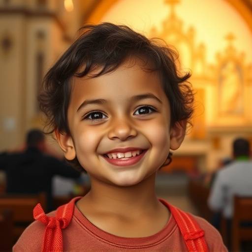 Retrato de uma crian√§a sorrindo em frente √† Igreja de S√£o Francisco de Assis em Belo Horizonte.